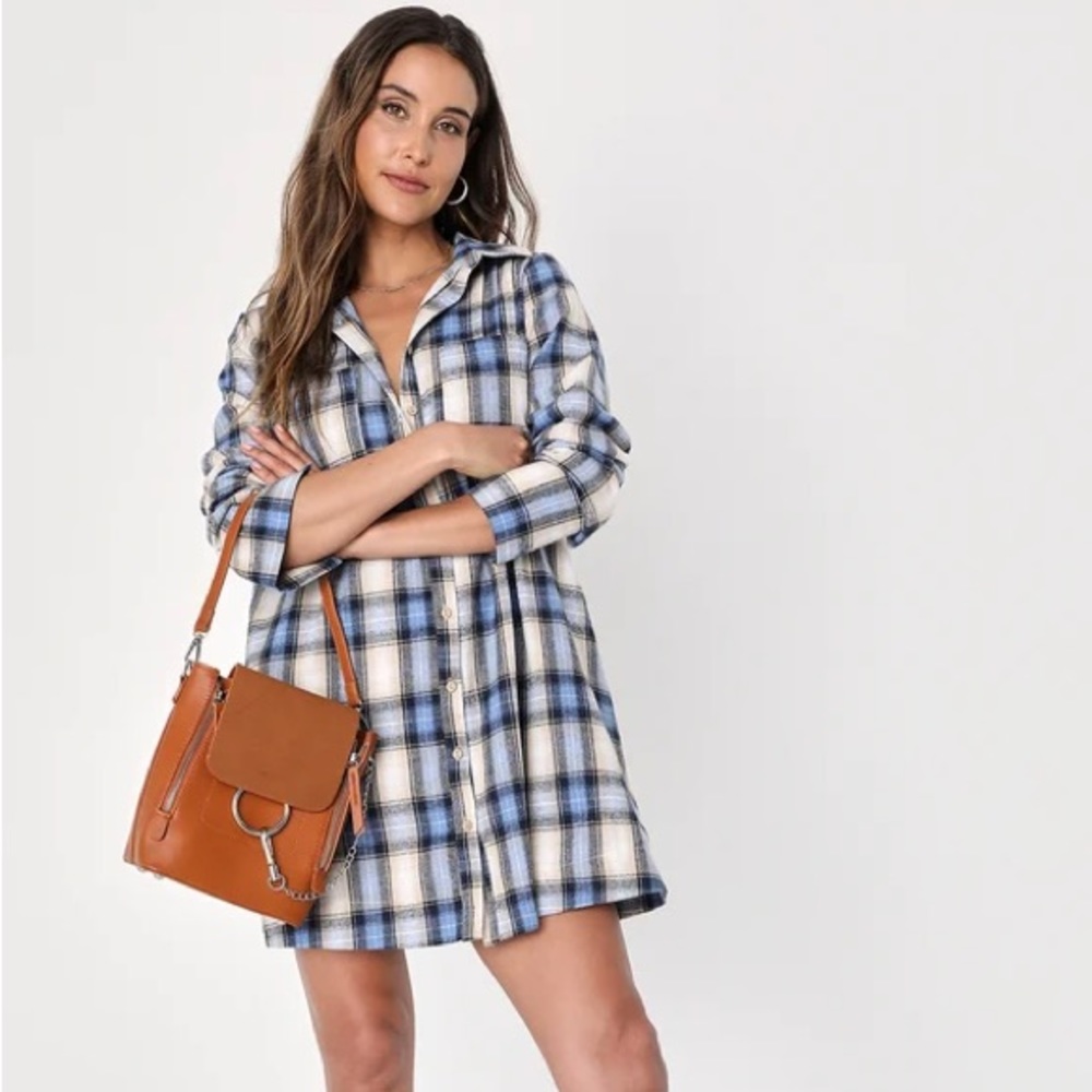 LULU’S Plaid Long Sleeve Shirt Mini Dress